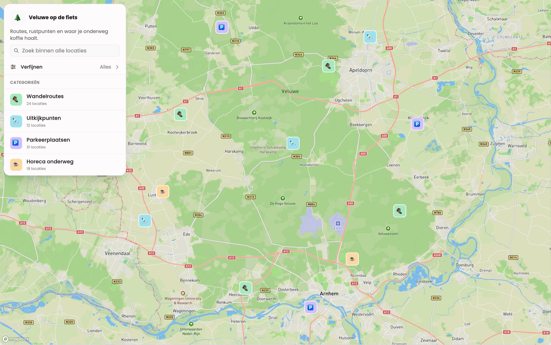 Een gepubliceerde kaart met links een paneel met categorieën en daarnaast de kaart